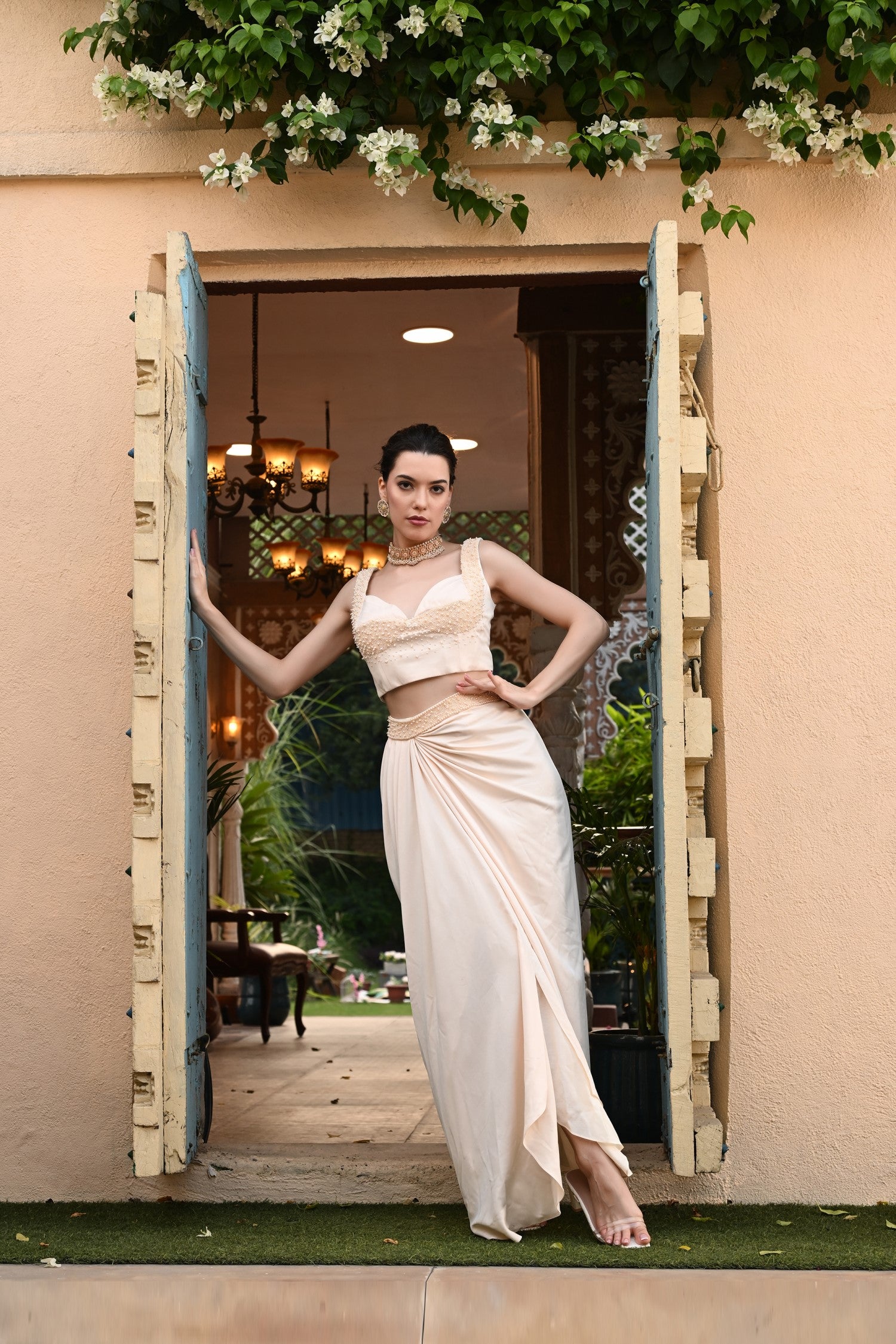 Ivory Skirt Dress, Draped Skirt Dress, Embroidered Skirt Set, Party Wear Skirt, Festive Wear, Sunanta Madaan