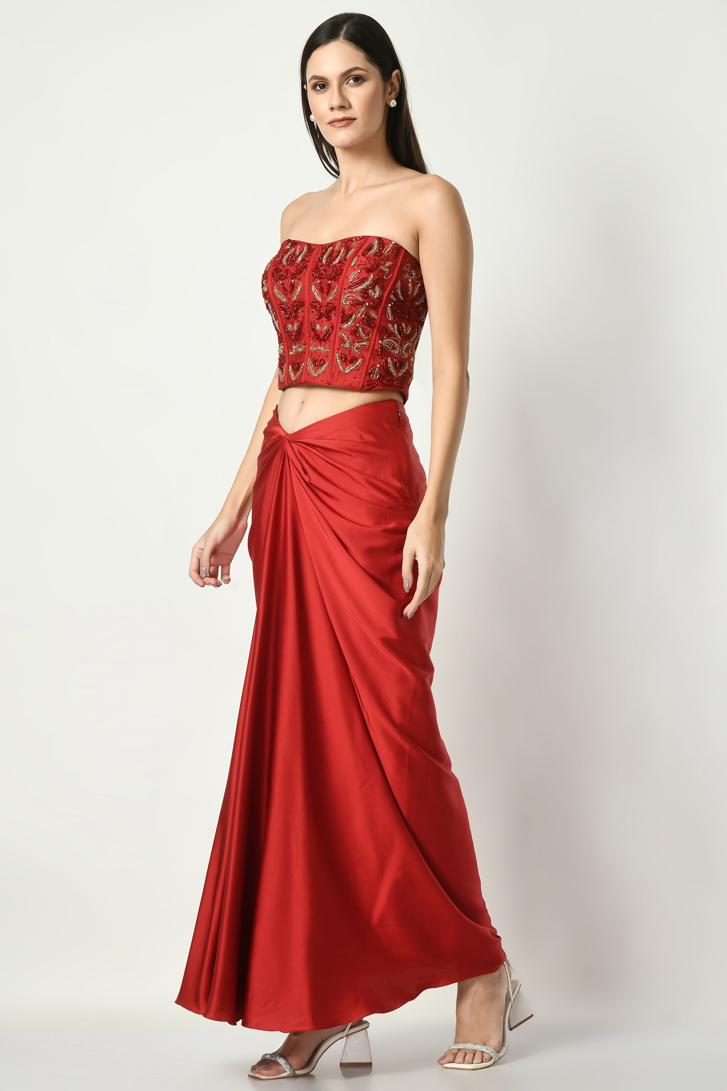 indo western red dress Lehenga Indo Western Dress For Women RED INDO-WESTERN FRONT SLIT GOWN FOR WOMEN- PAIRED WITH LEHENGA