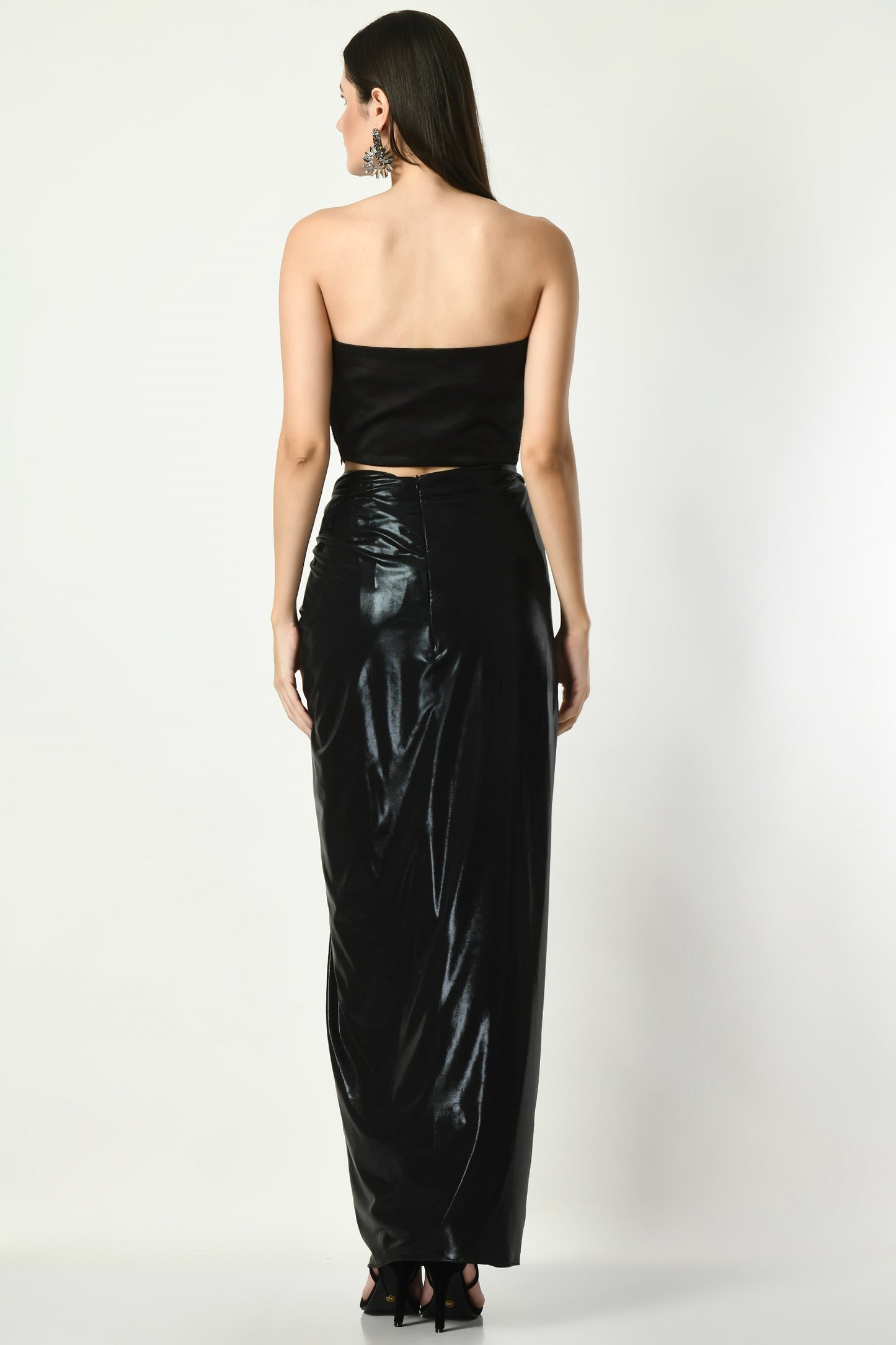 Marfa Black Satin Hand Embroidered Top with Metallic Lycra Skirt