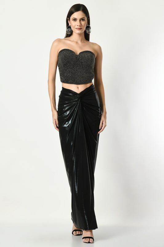 Marfa Black Satin Hand Embroidered Top with Metallic Lycra Skirt