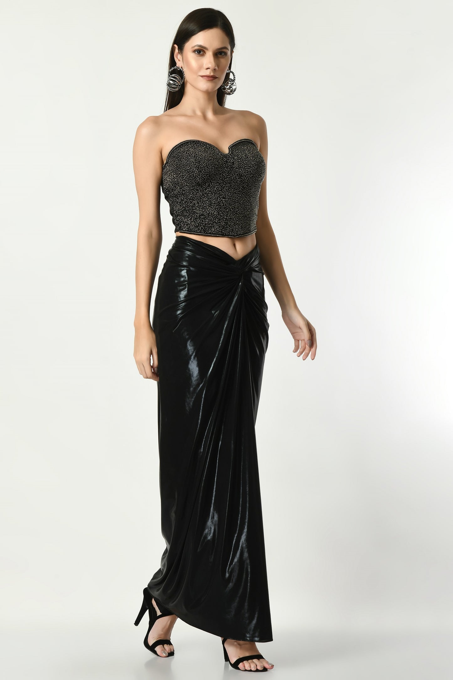 Marfa Black Satin Hand Embroidered Top with Metallic Lycra Skirt