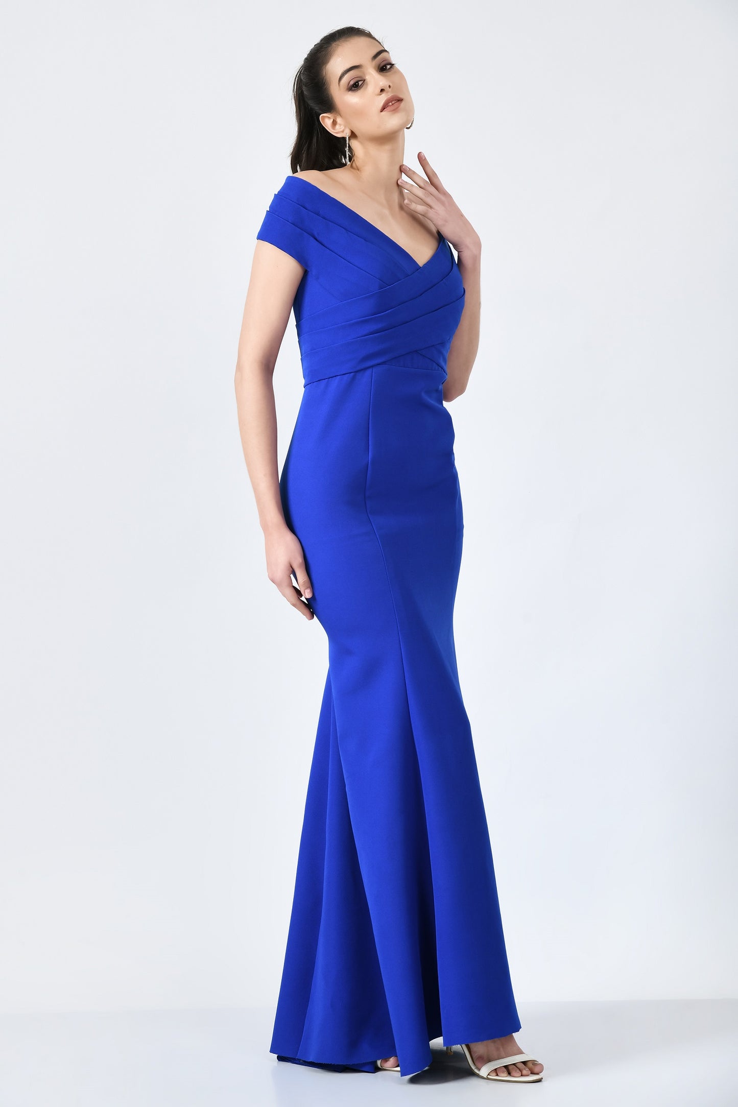 Calera Blue Fine Crepe Mermaid Off Shoulder Gown