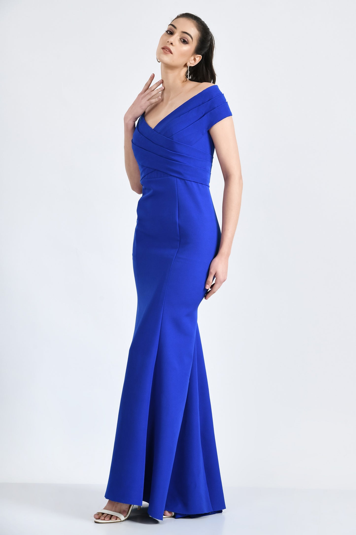 Calera Blue Fine Crepe Mermaid Off Shoulder Gown