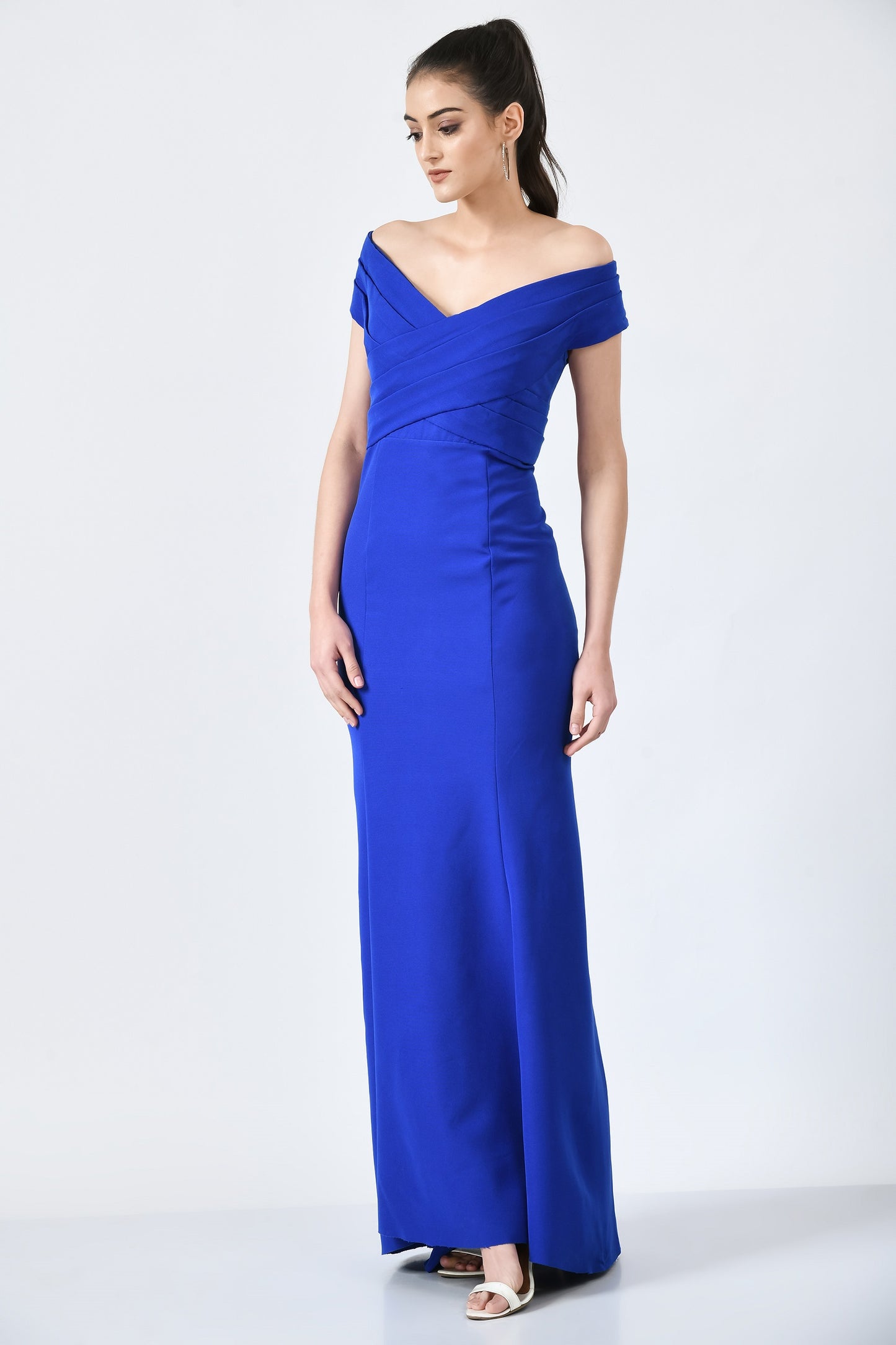 Calera Blue Fine Crepe Mermaid Off Shoulder Gown