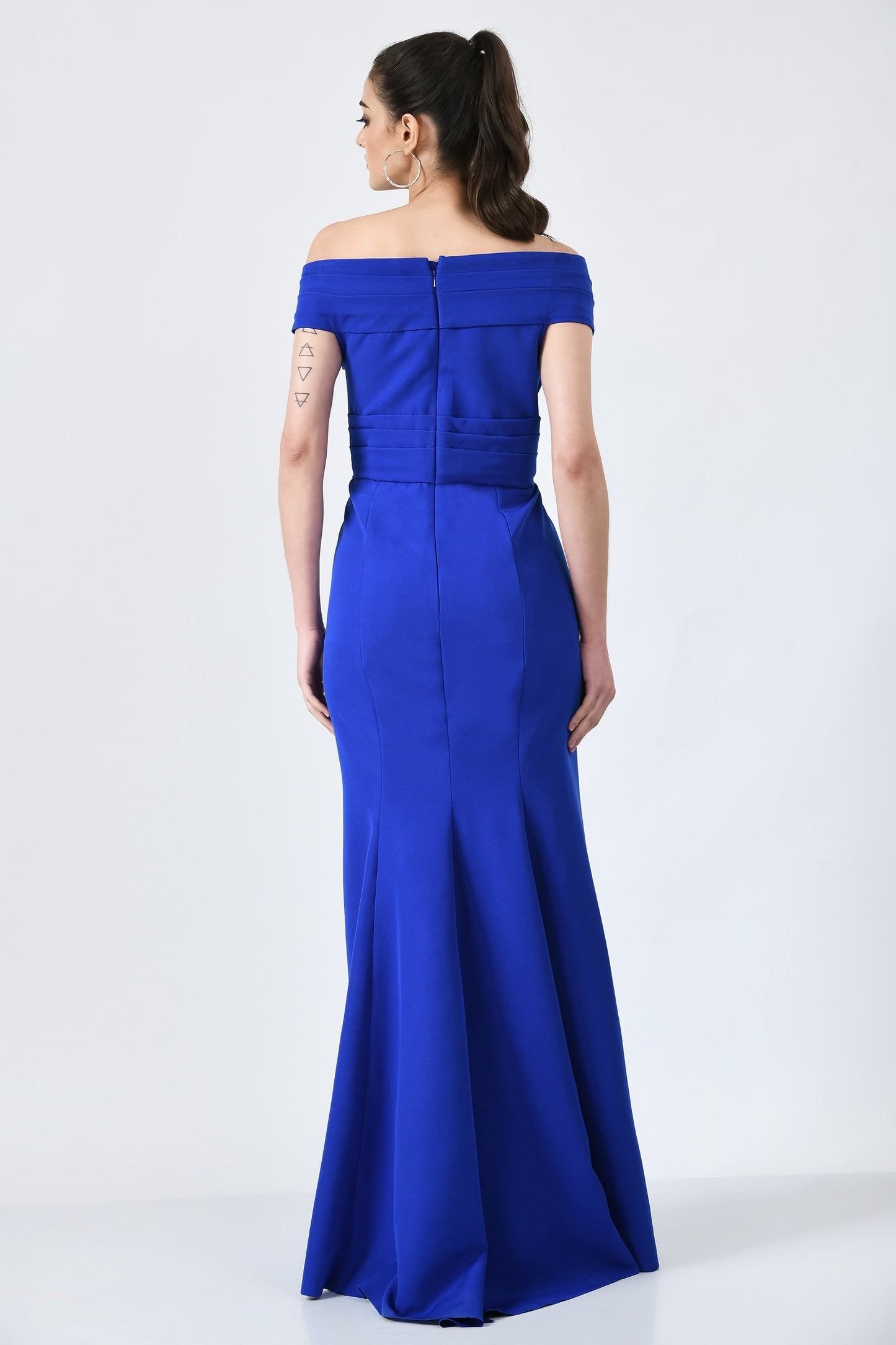 Calera Blue Fine Crepe Mermaid Off Shoulder Gown