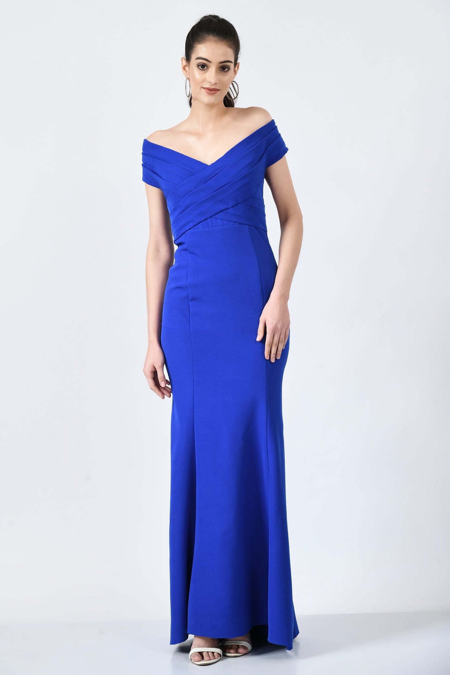 Calera Blue Fine Crepe Mermaid Off Shoulder Gown