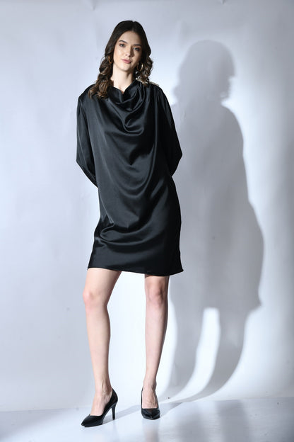 Sculpted Elegance: Designer Black Cowl Dress with Minimal Embroidery - Women's Fashion Statement