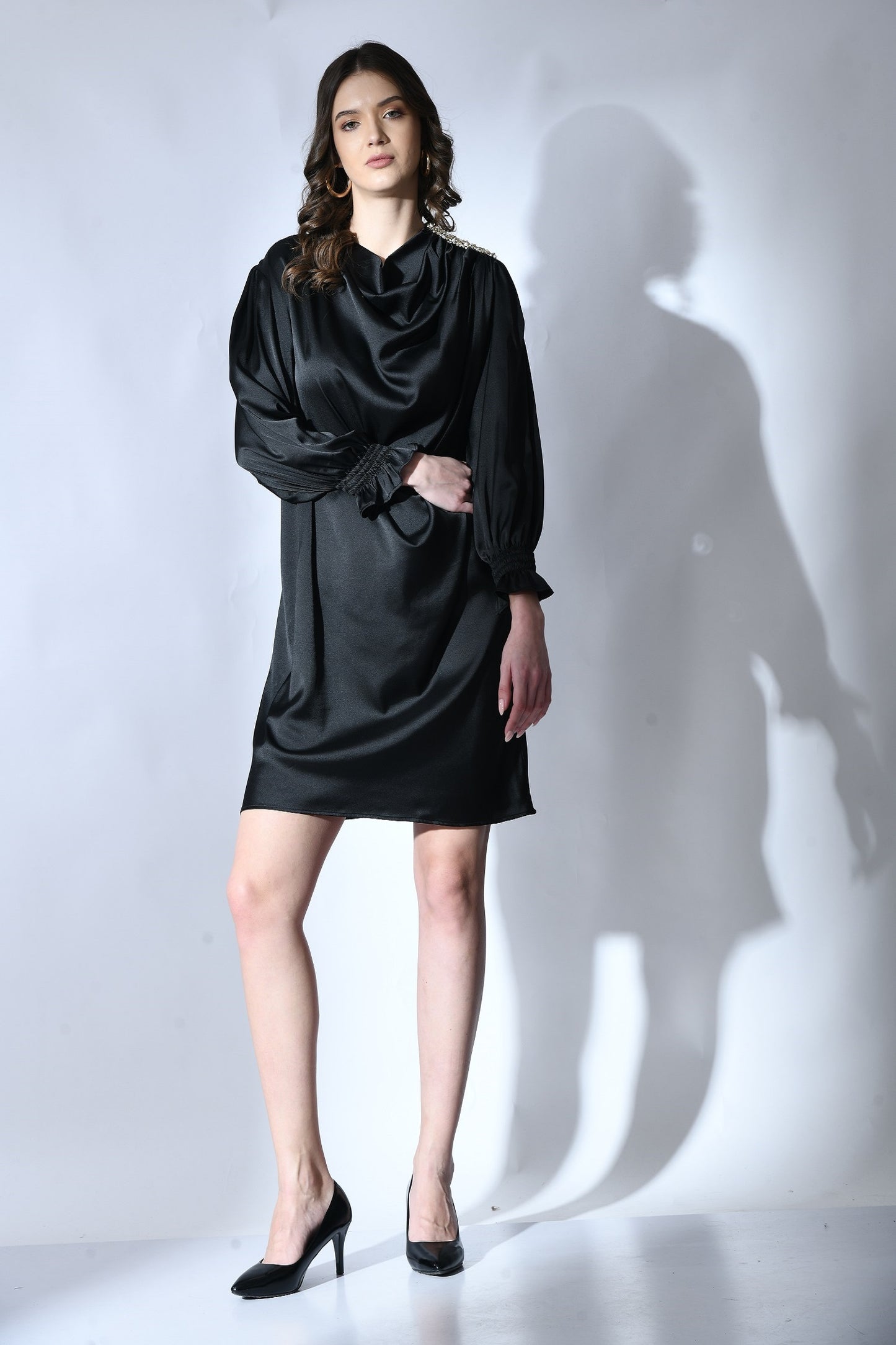 Sculpted Elegance: Designer Black Cowl Dress with Minimal Embroidery - Women's Fashion Statement