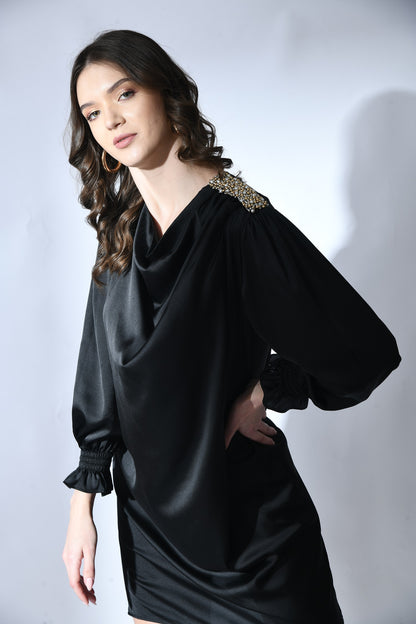 Sculpted Elegance: Designer Black Cowl Dress with Minimal Embroidery - Women's Fashion Statement