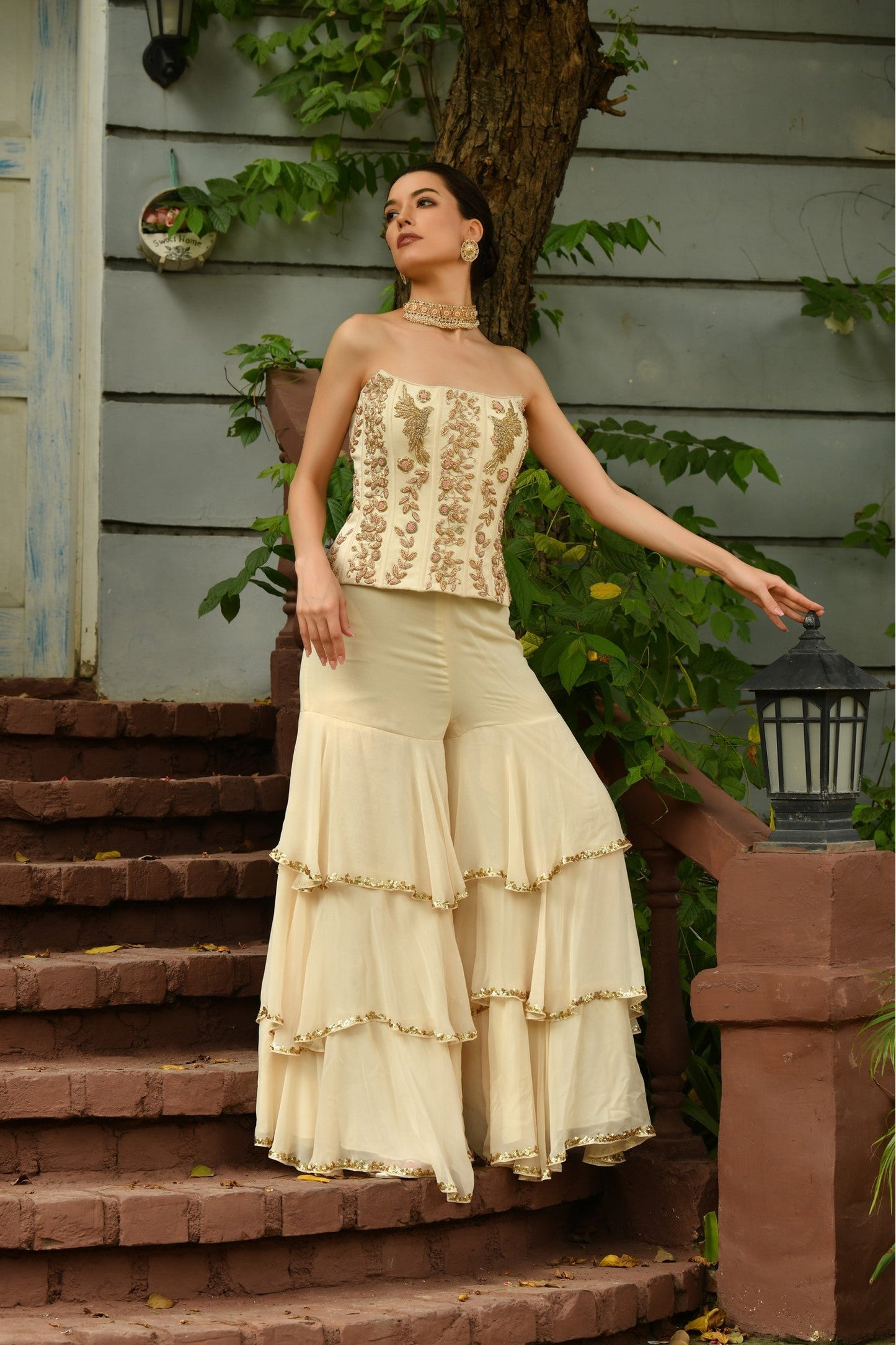 Ivory COLOR INDO WESTERN SHARARA SET WITH HAND EMBROIDERY L / Ivory Ivory COLOR INDO WESTERN SHARARA SET WITH HAND EMBROIDERY L / Ivory