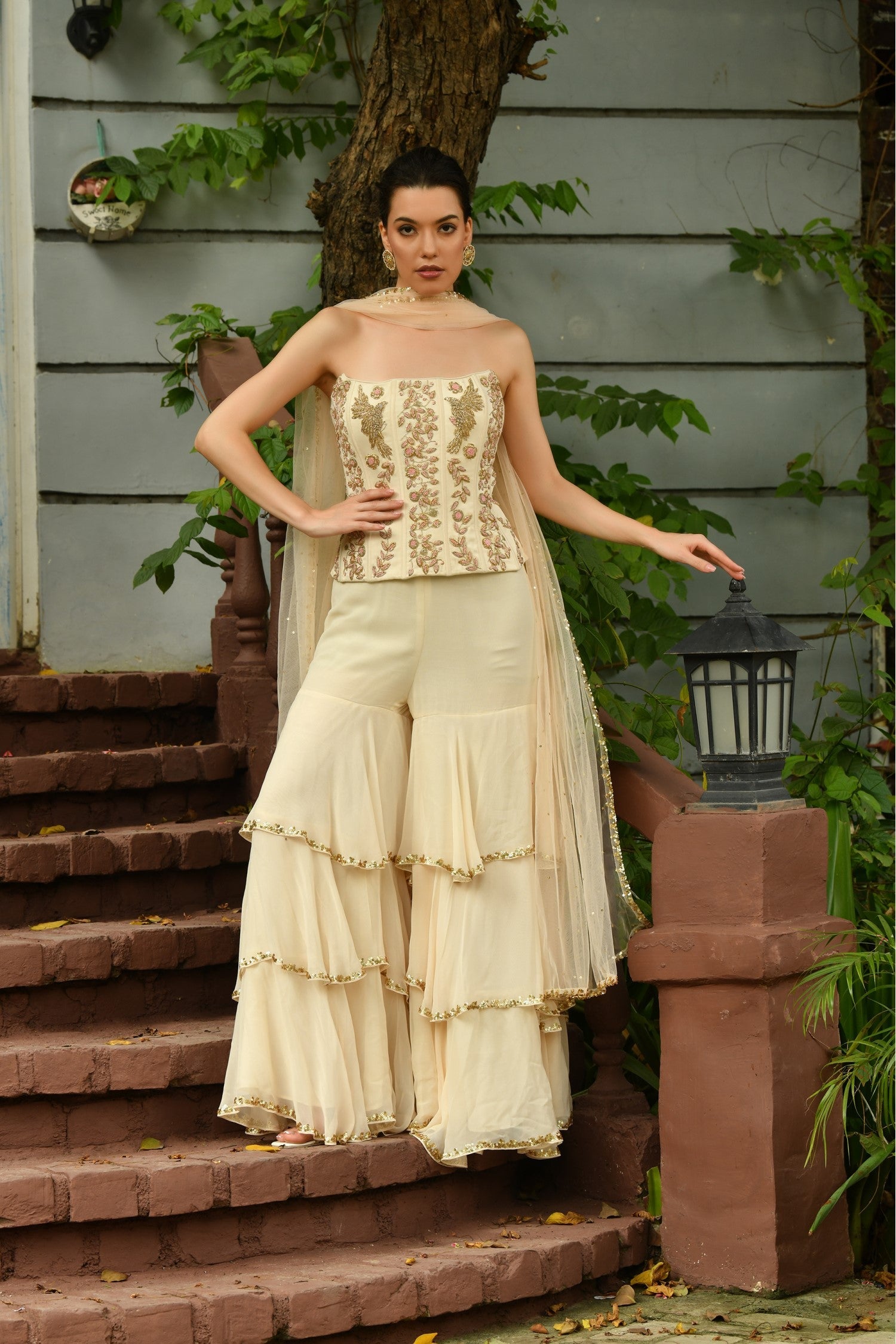 Ivory COLOR INDO WESTERN SHARARA SET WITH HAND EMBROIDERY L / Ivory Ivory COLOR INDO WESTERN SHARARA SET WITH HAND EMBROIDERY L / Ivory