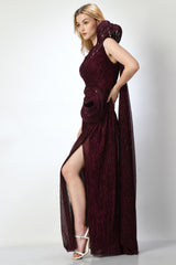 Designer wine cocktail gown, Wine party dress India, Buy evening gown online India, Luxury cocktail gowns for women,  Best cocktail gowns for weddings, gown design for women, Wine color cocktail dress, Gowns for Indian weddings, Buy cocktail dresses online India, Wine cocktail dress for wedding, Wine cocktail gown for reception, Elegant wine evening gown for bridesmaid, Designer wine cocktail dress India