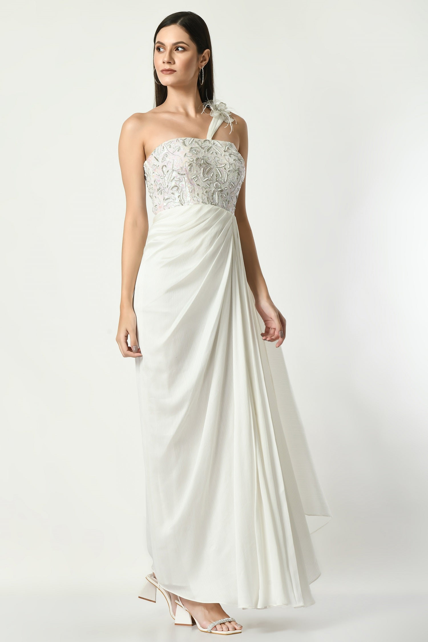 Chiffon saree gown for women, Ready-to-wear saree gown for women, Walpi Modern saree gown for women, Saree gown for wedding for women, Saree gown dress for women, Elegant saree gown for women, Sunanta Madaan