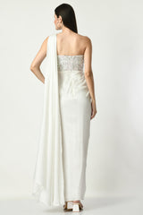 Festival saree gown for women, Bridal saree gown for women, Designer saree gown for party for women, West Memphis Anniversary saree gown for women, Sleeveless saree gown, Cold shoulder saree gown for women, Cape style saree gown for women by sunanta madaan