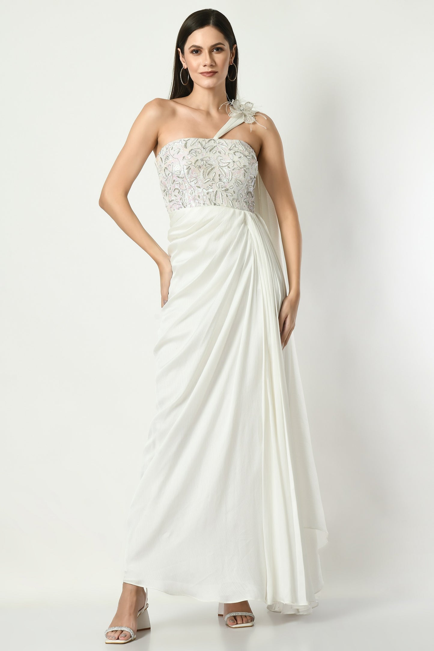 White saree gown for women, Wedding saree gown for women, Reception saree gown for women, North Little Rock Engagement saree gown for women, Party wear saree gown for women, Cocktail saree gown for women, Sunanta Madaan