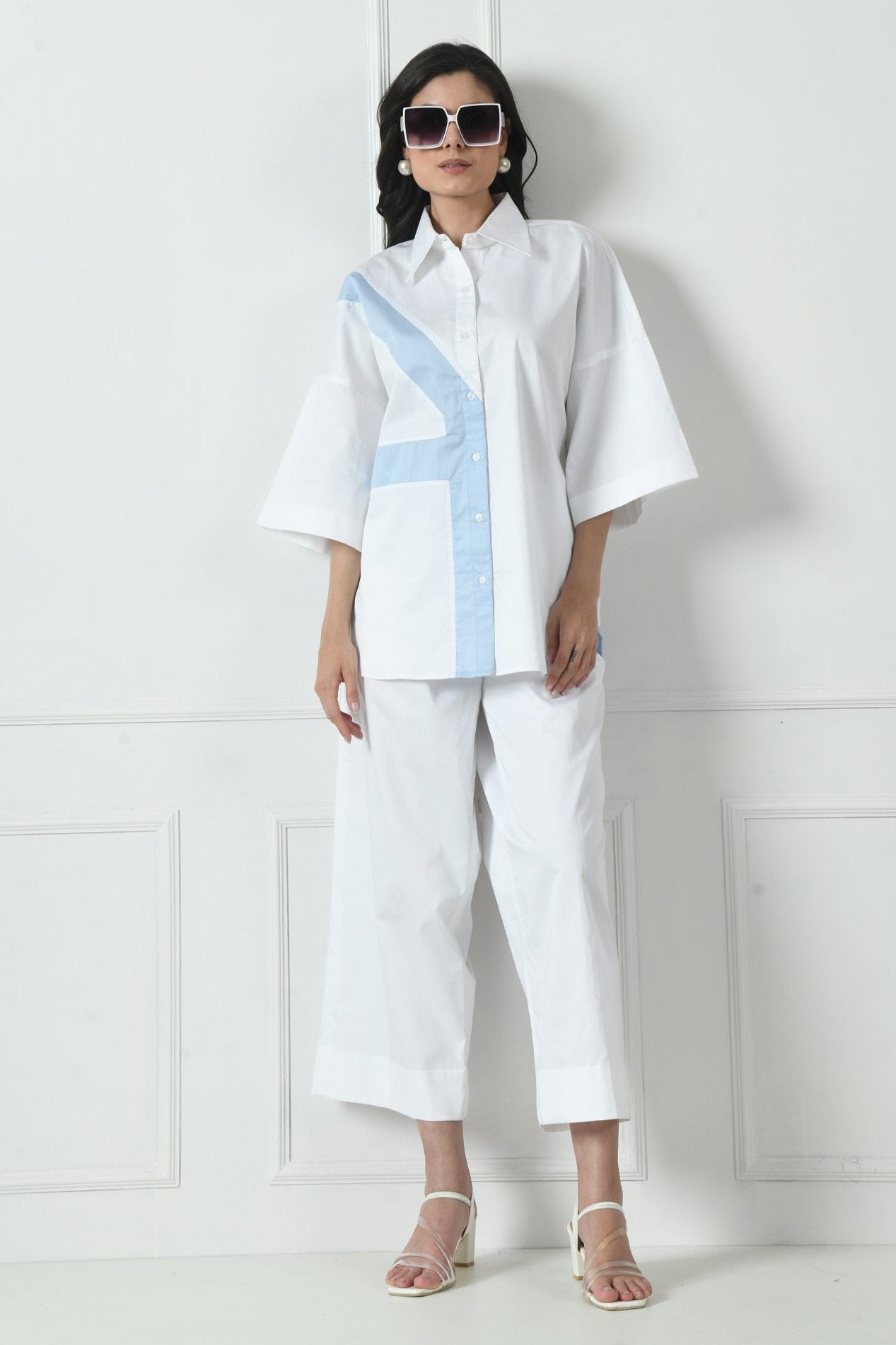 Coord Set White Color, Festival coord set, Beach coord set, Cotton coord set, Party coord set, Workwear coord set, Color Blocking Coord Set for women, Short length Pant Coord Set for ladies by Sunanta Madaan
