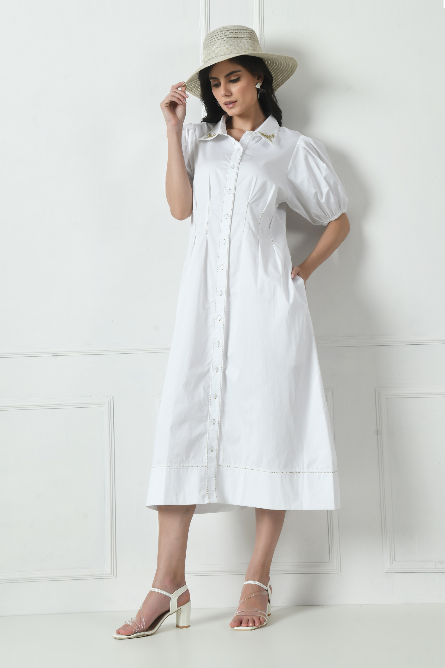 White Cotton Casual Dress With thread Detailing XS