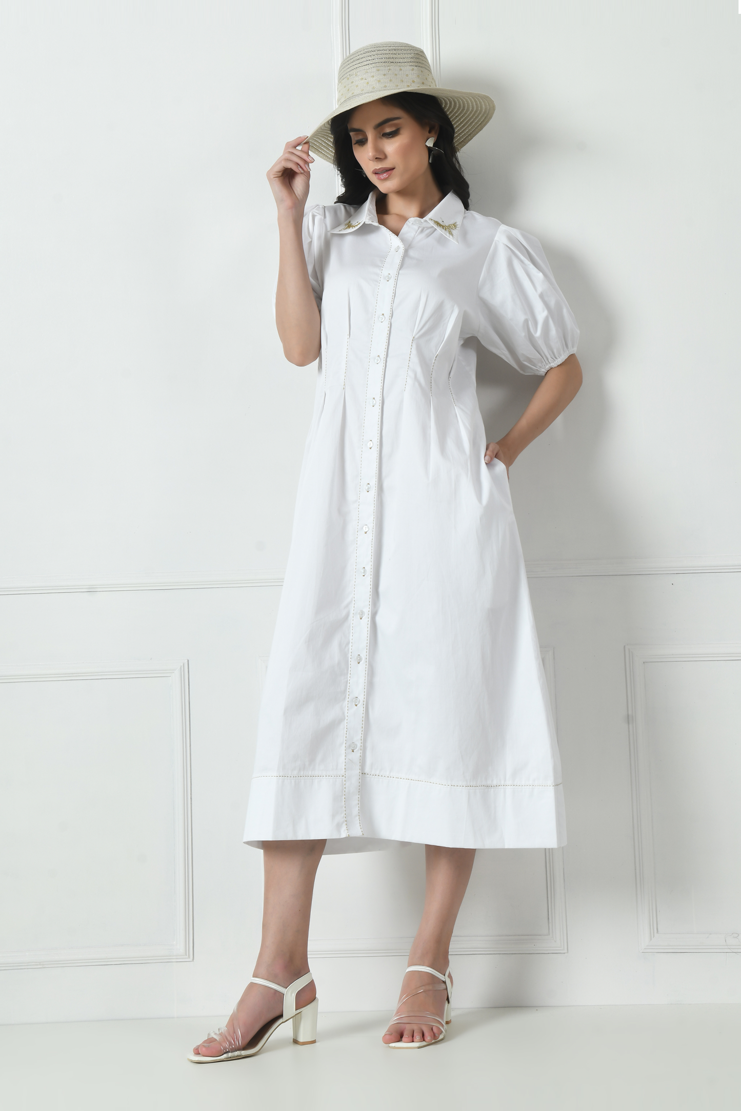 Summer cotton dress, Casual cotton dress, White cotton dress, Cotton wrap dress, Embroidered cotton dress, Cotton midi dress, Sunanta Madaan