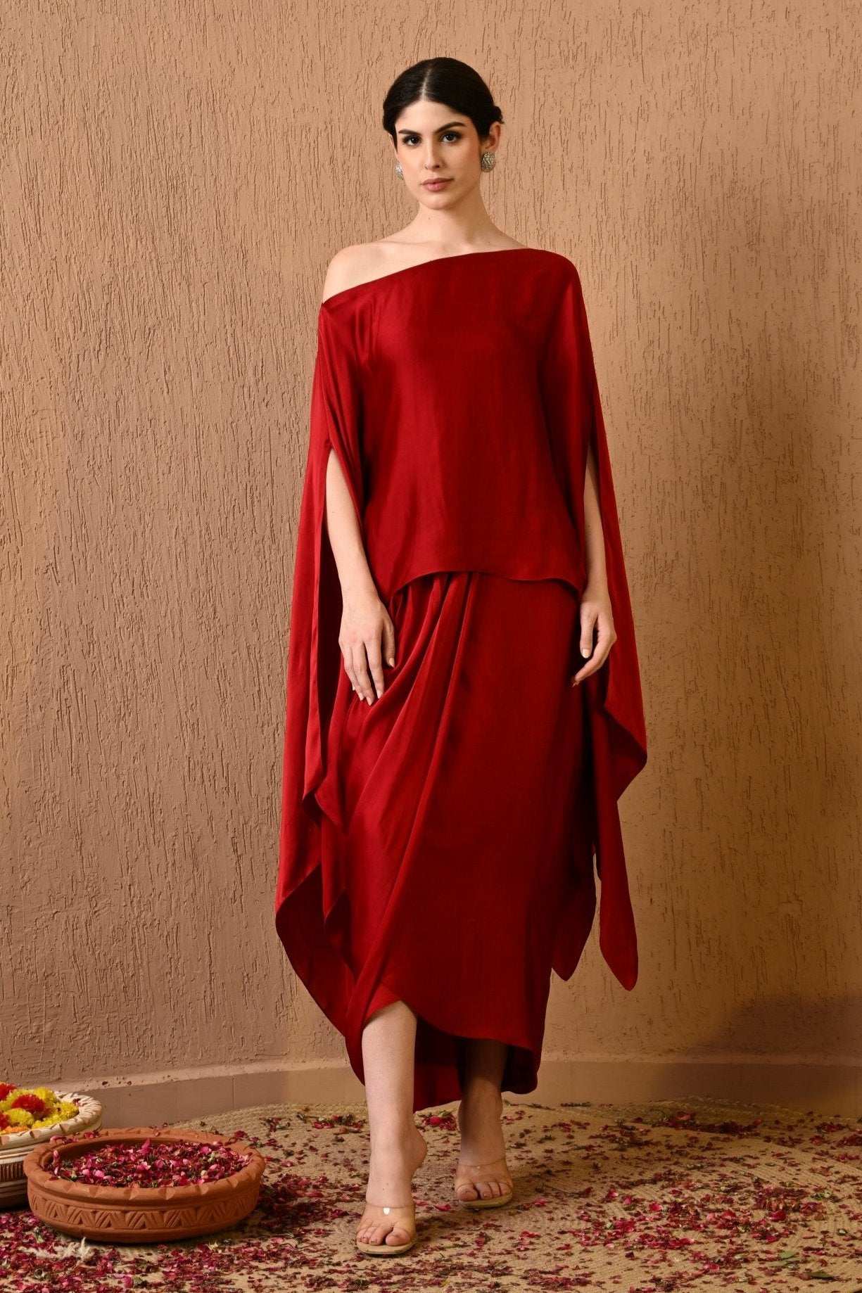Blushing red kaftan dress with draped skirt for weddings and special occasions, Stylish and flattering women's red kaftan dress for cocktail parties online for sale, Women's red cocktail dress  with beautiful draped skirt for weddings in Bangalore