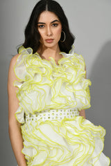 High-fashion statement dress in organza for birthday party, Women's evening dress in sheer organza with playful neon details, Organza ruffle dress for women, perfect for a cocktail party look or destination event by Sunanta Madaan