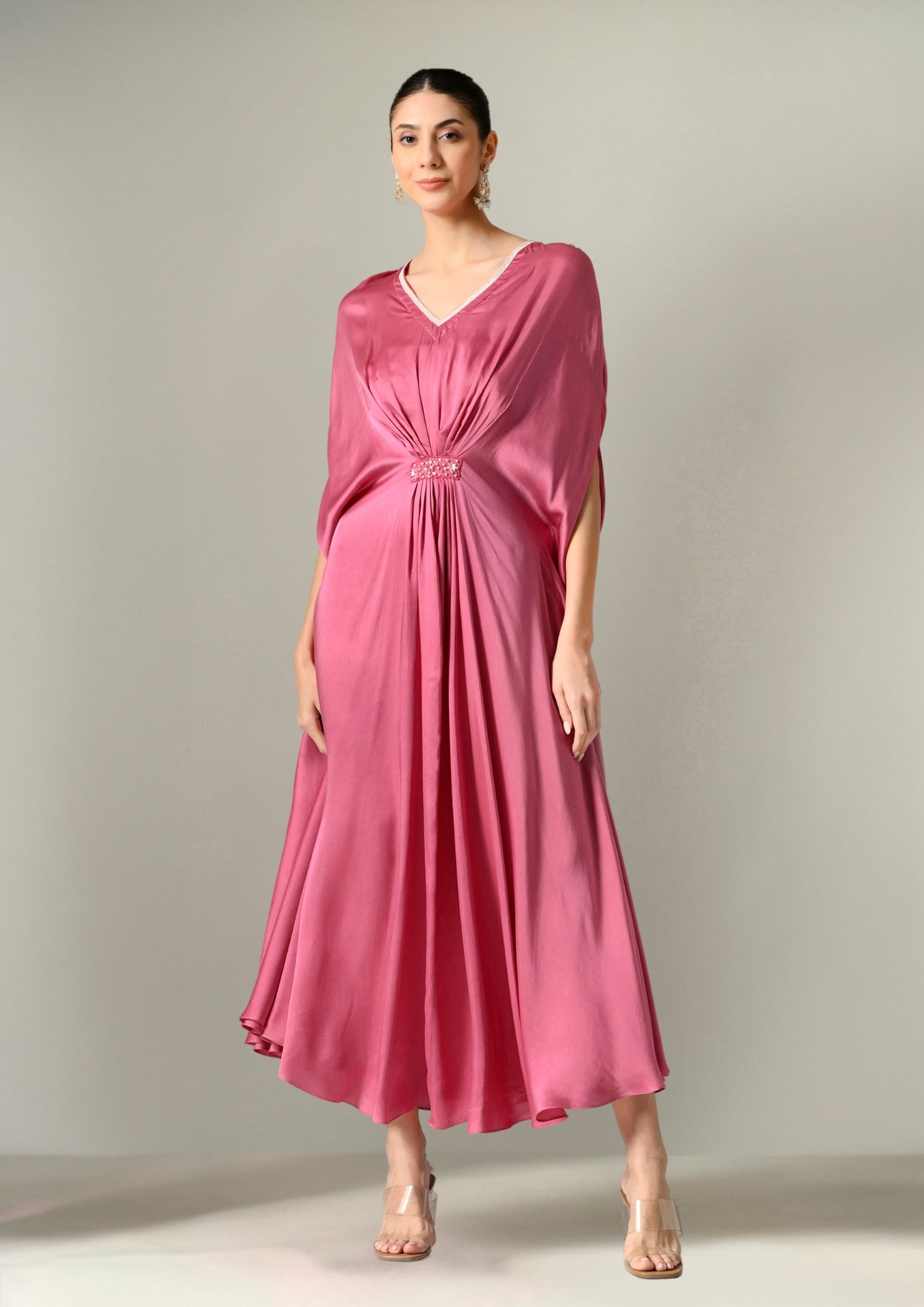 Party-wear mauve kaftan dress in luxurious satin fabric, Online Kaftan Dress for Women, Luxury mauve kaftan dress for stylish women, Best-selling satin kaftan dress in mauve for a timeless look, deepika padukone kafan dress