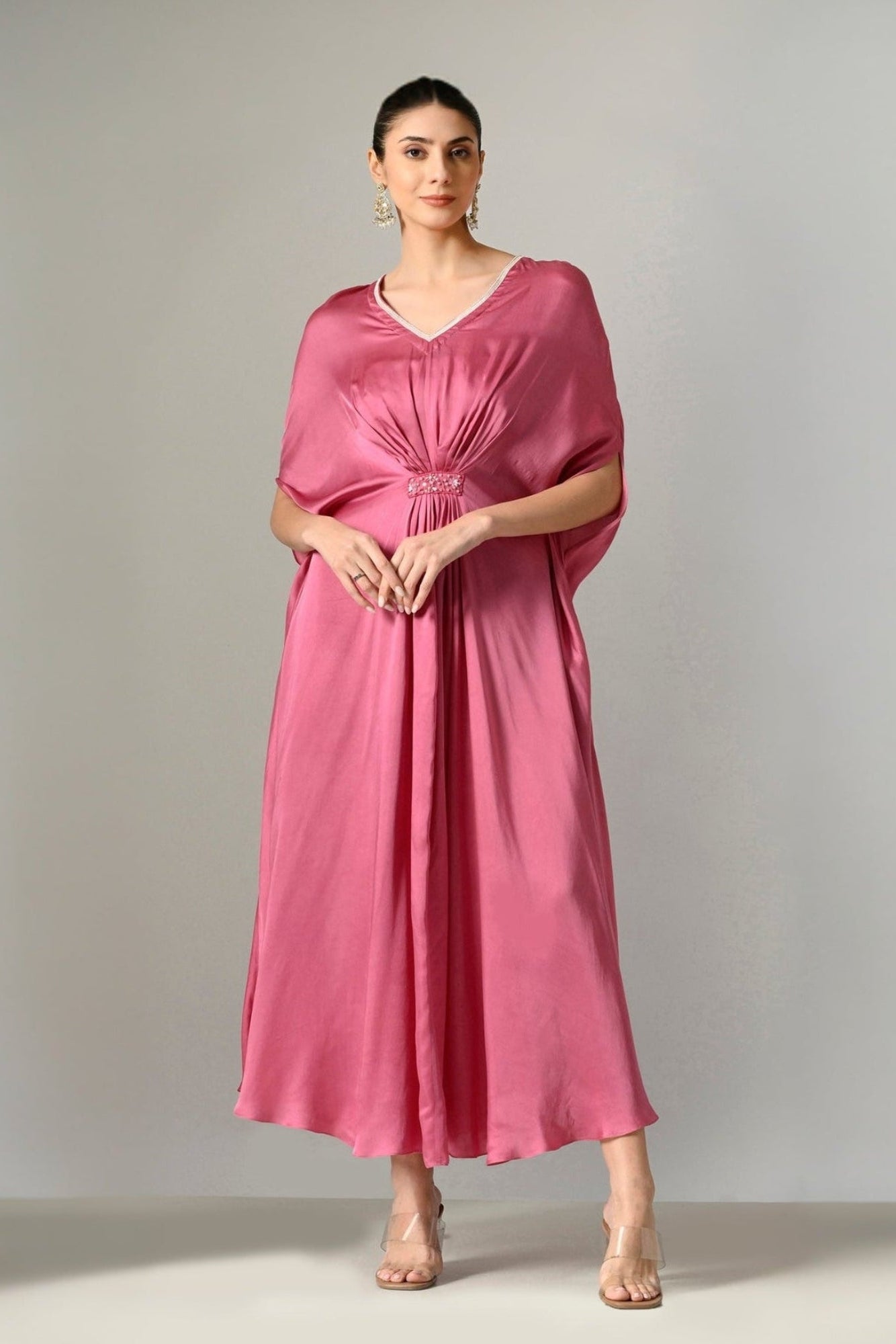 Indo-western satin kaftan dress in mauve for sophisticated styling, Designer luxury kaftan dress in mauve – perfect for resort wear, Birthday dress for women, Indo western dress for women, Indo western dress for women, deepika padukone kafan dress