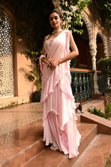 Pink Wedding Saree, Wedding Saree collection, Ready to wear saree for wedding, Party wear Indo-western ruffle saree, Bridal Indo-western ruffle saree, Ruffle Saree, Indo-western ruffle saree online, Saree for  wedding party, Sunanta Madaan