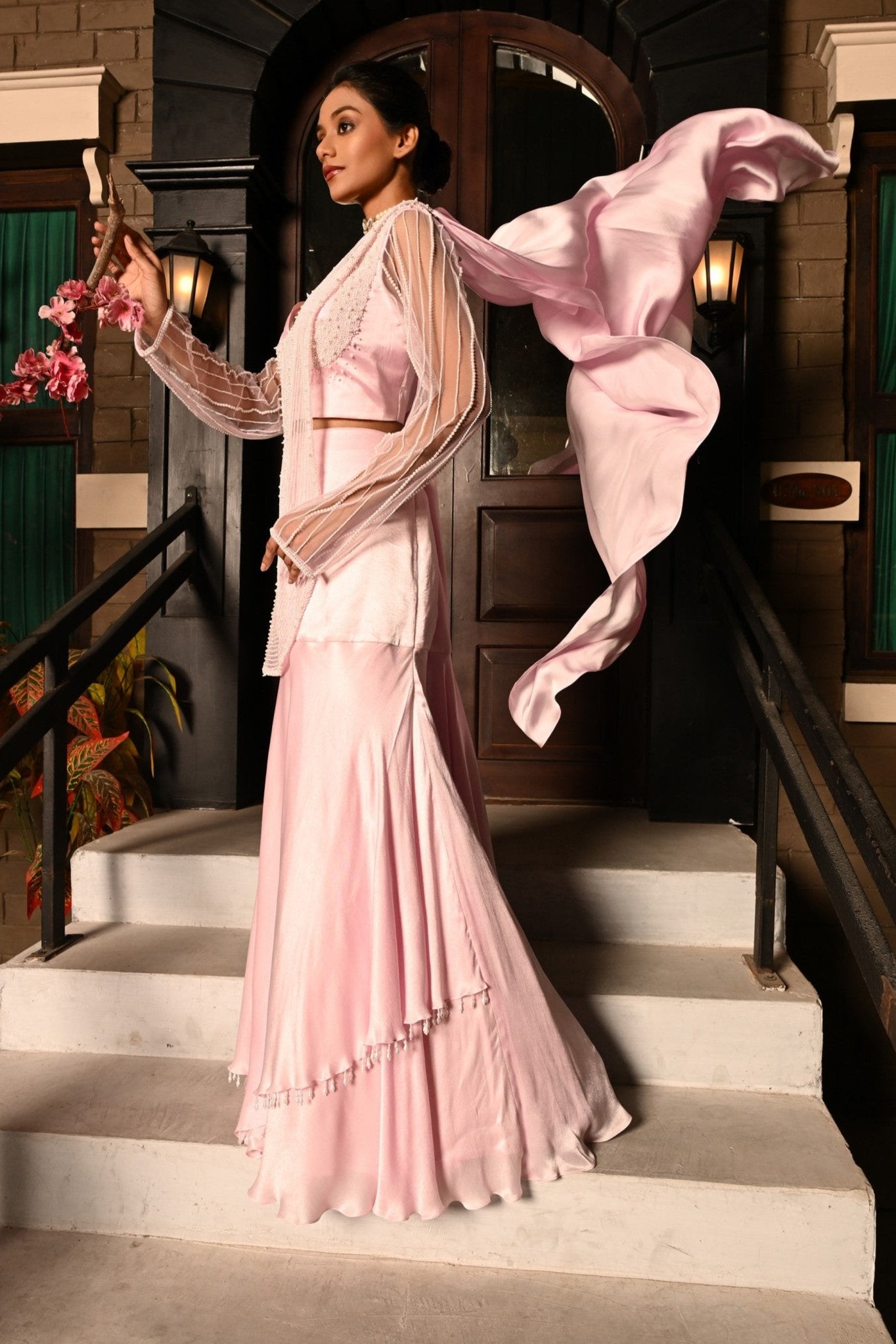 Pink Saree, Indo-western Saree, Party Wear Saree, Festive Wear Saree, lehenga style saree by sunanta madaan, designer saree by sunanta madaan, wedding saree near me, find lehenga sarees, ready to wear lehenga saree, lehenga type saree, party wear saree style lehenga