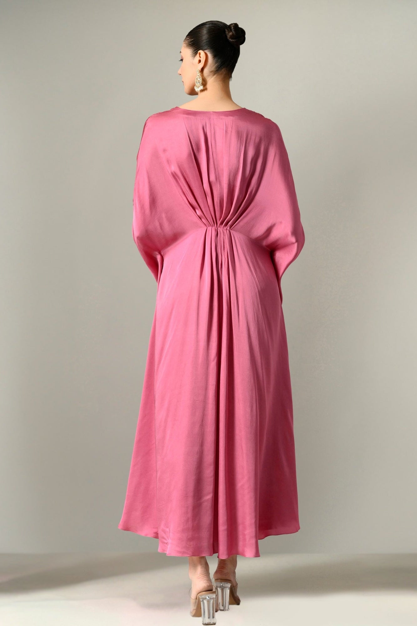 Trending satin kaftan dress in mauve for special occasions, Party-perfect mauve satin kaftan dress with premium embroidery, Indo-western satin kaftan dress in mauve for sophisticated styling, deepika padukone kafan dress