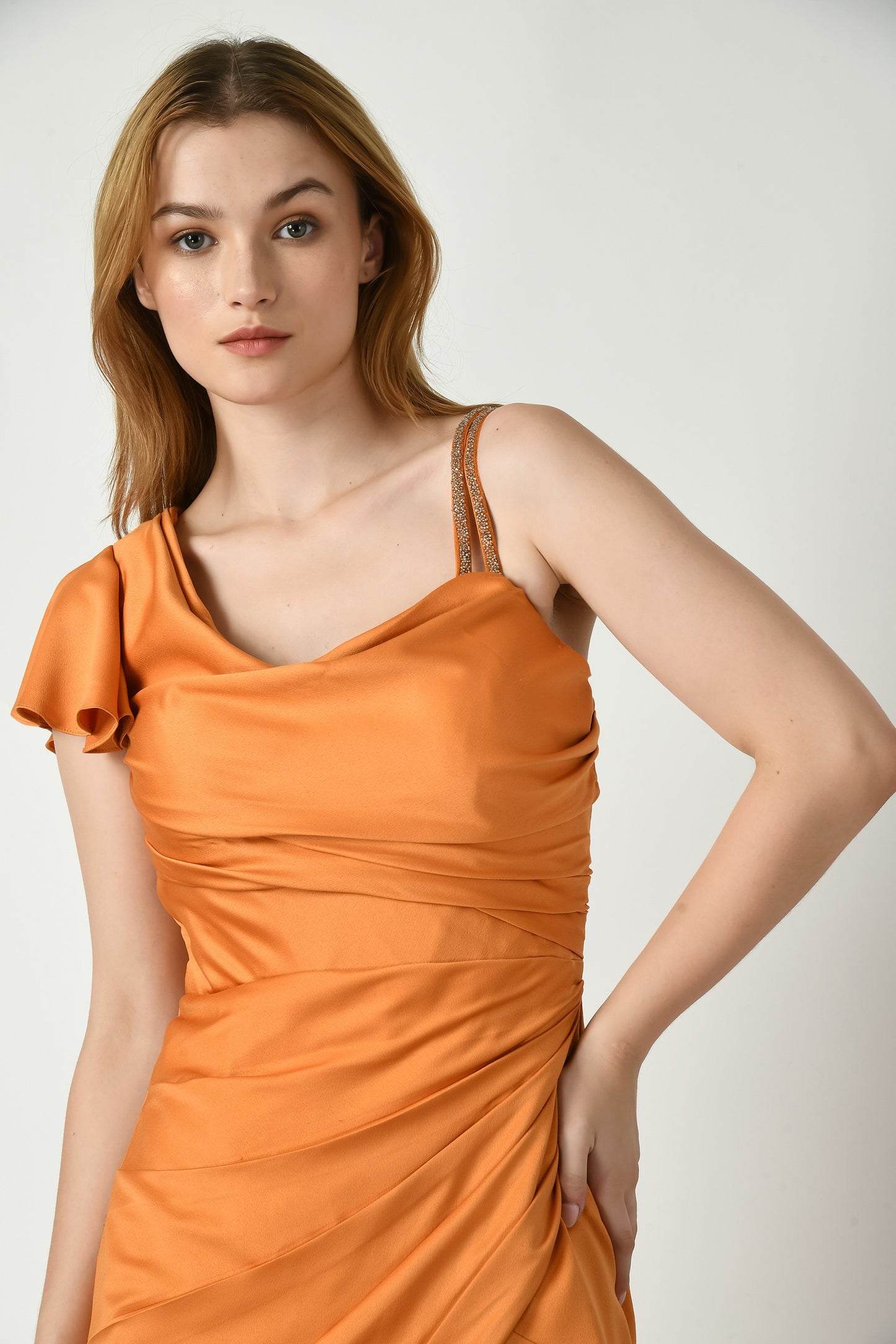 Cody Orange Satin Embroidered Ruched Dress