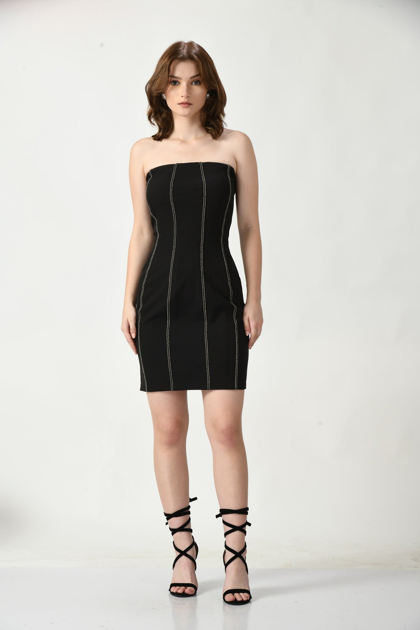 Midnight Elegance: Black Tube Short Dress with Minimal Front Embroidery