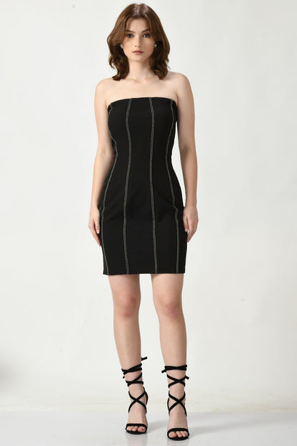 Midnight Elegance: Black Tube Short Dress with Minimal Front Embroidery