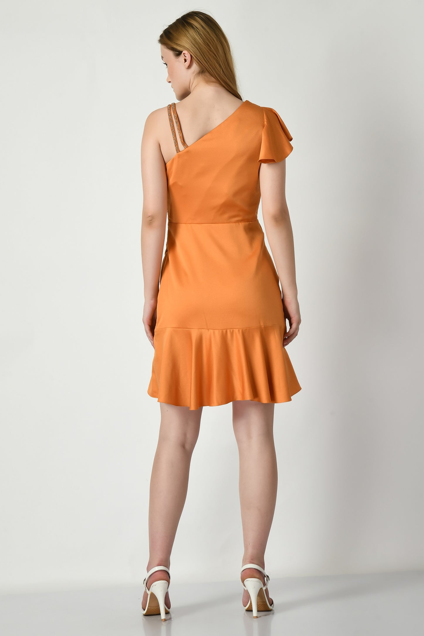 Cody Orange Satin Embroidered Ruched Dress