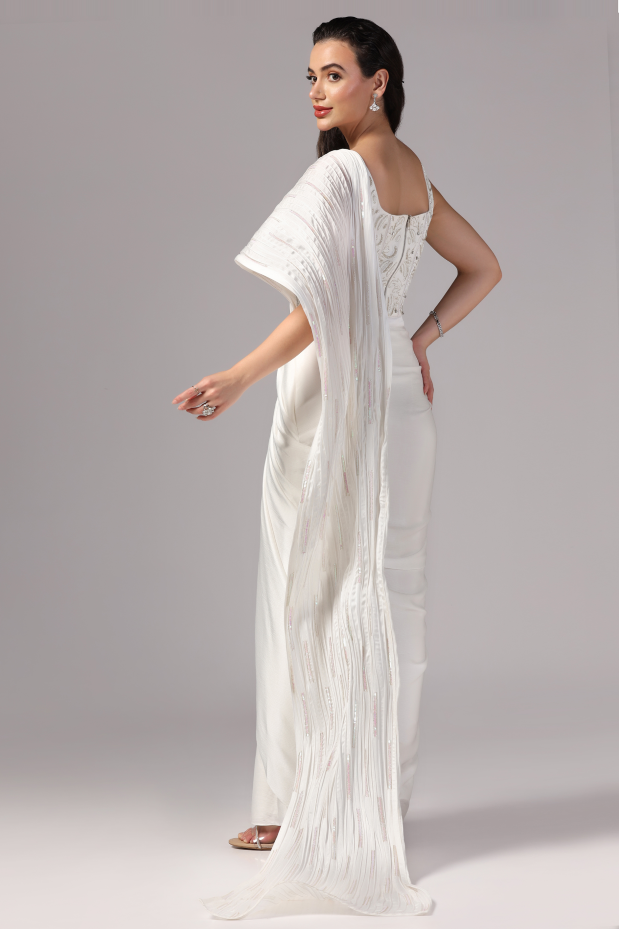 Pre-draped saree dress, White Pre Draped Saree, Indo-Western saree for Sangeet, Pre-stitched Indo-Western saree, Indo-Western cocktail saree, Sunanta Madaan