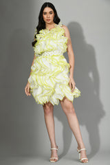 White organza ruffle dress for women with neon detailing, Celebrity-inspired white organza evening dress for special occasions, Fashion-forward women's dress with a flattering fit and modern details