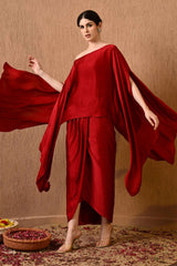 Luxurious red satin kaftan dress with draped skirt for weddings and festive events, Stylish red satin dress with draped skirt for bridal and cocktail parties, Stylish red satin dress with draped skirt and dropped shoulder for chic parties by Sunanta Madaan