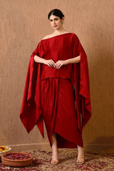 Red satin georgette kaftan dress with flattering silhouette for cocktail parties, Blushing red satin womens kaftan dress with luxurious draped skirt by sunanta madaan, Kaftan for women online for sale by sunantaadaan