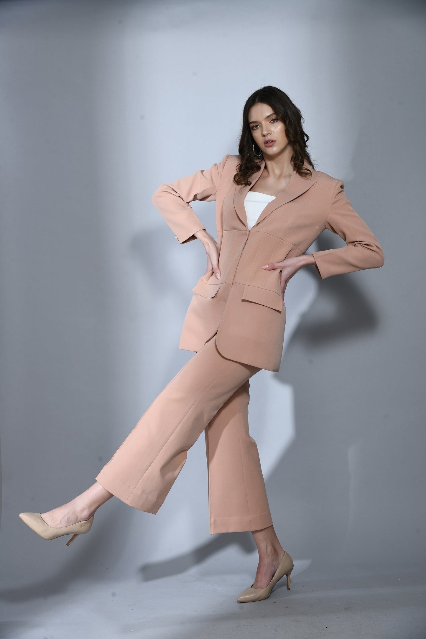 Canary Beige Pink Fine Crepe 2 Piece Blazer Set