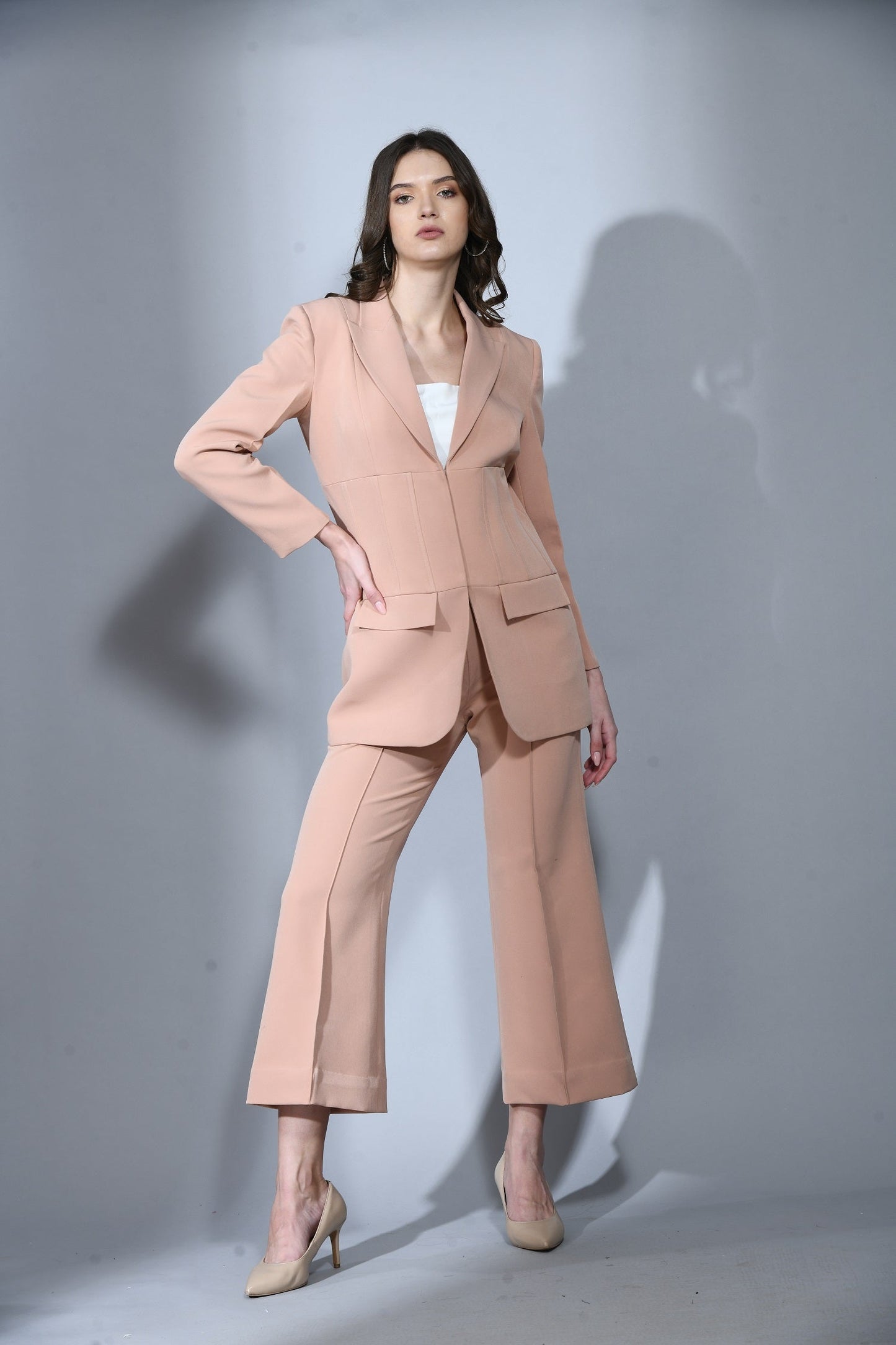 Canary Beige Pink Fine Crepe 2 Piece Blazer Set