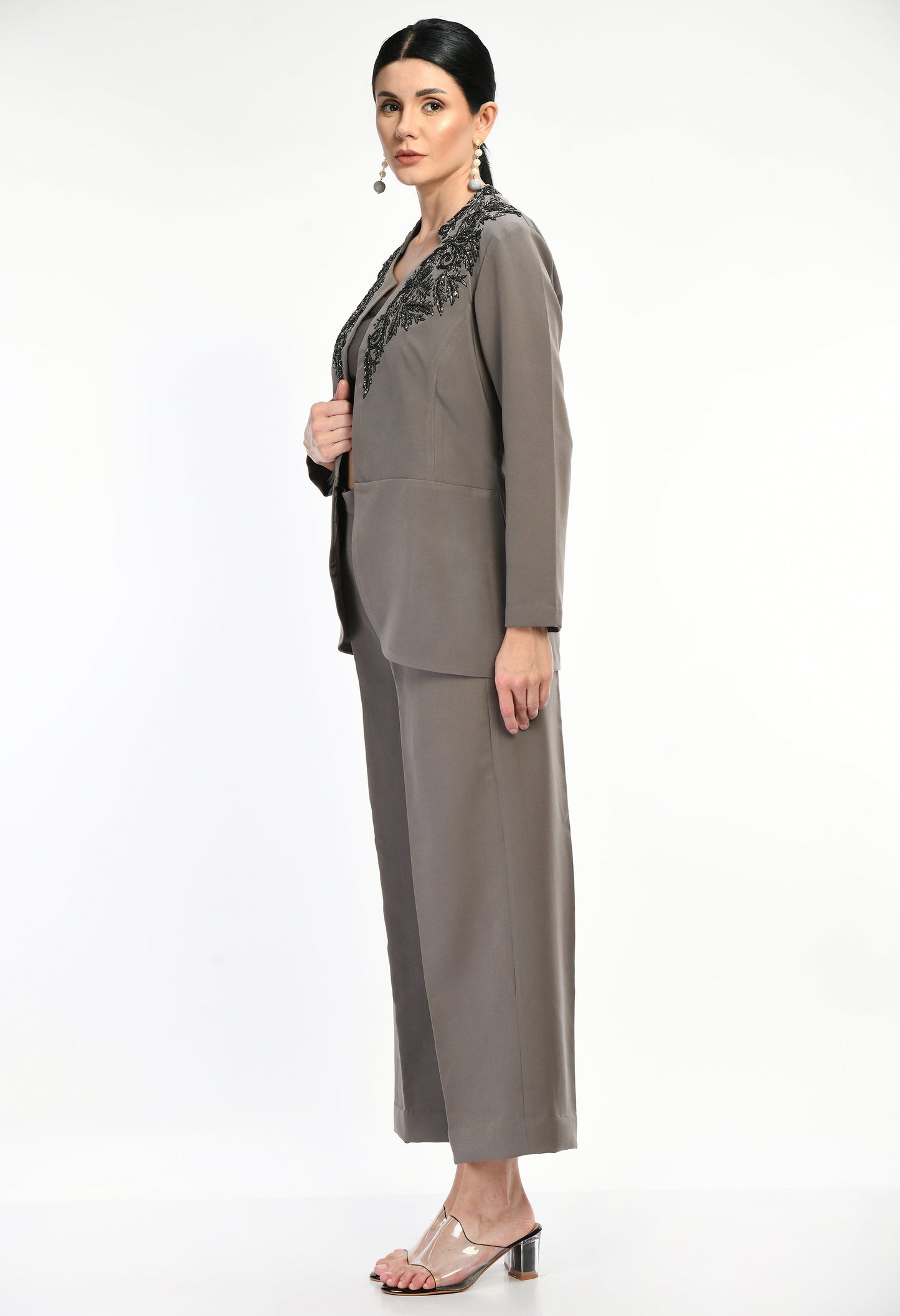 Hayes Grey Fine Crepe Hand Embroidered 3 Piece Blazer Set