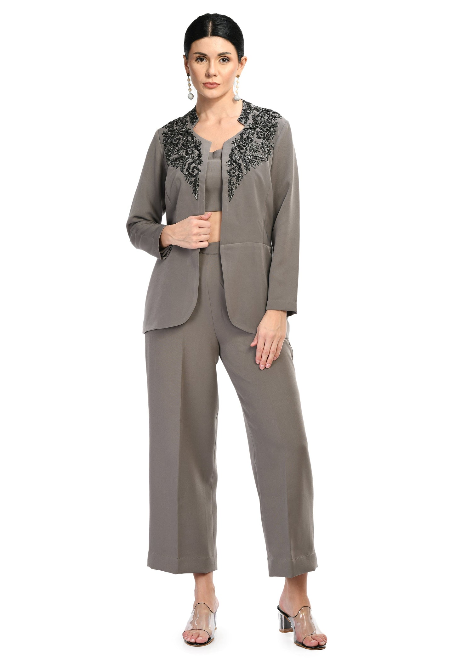 Hayes Grey Fine Crepe Hand Embroidered 3 Piece Blazer Set