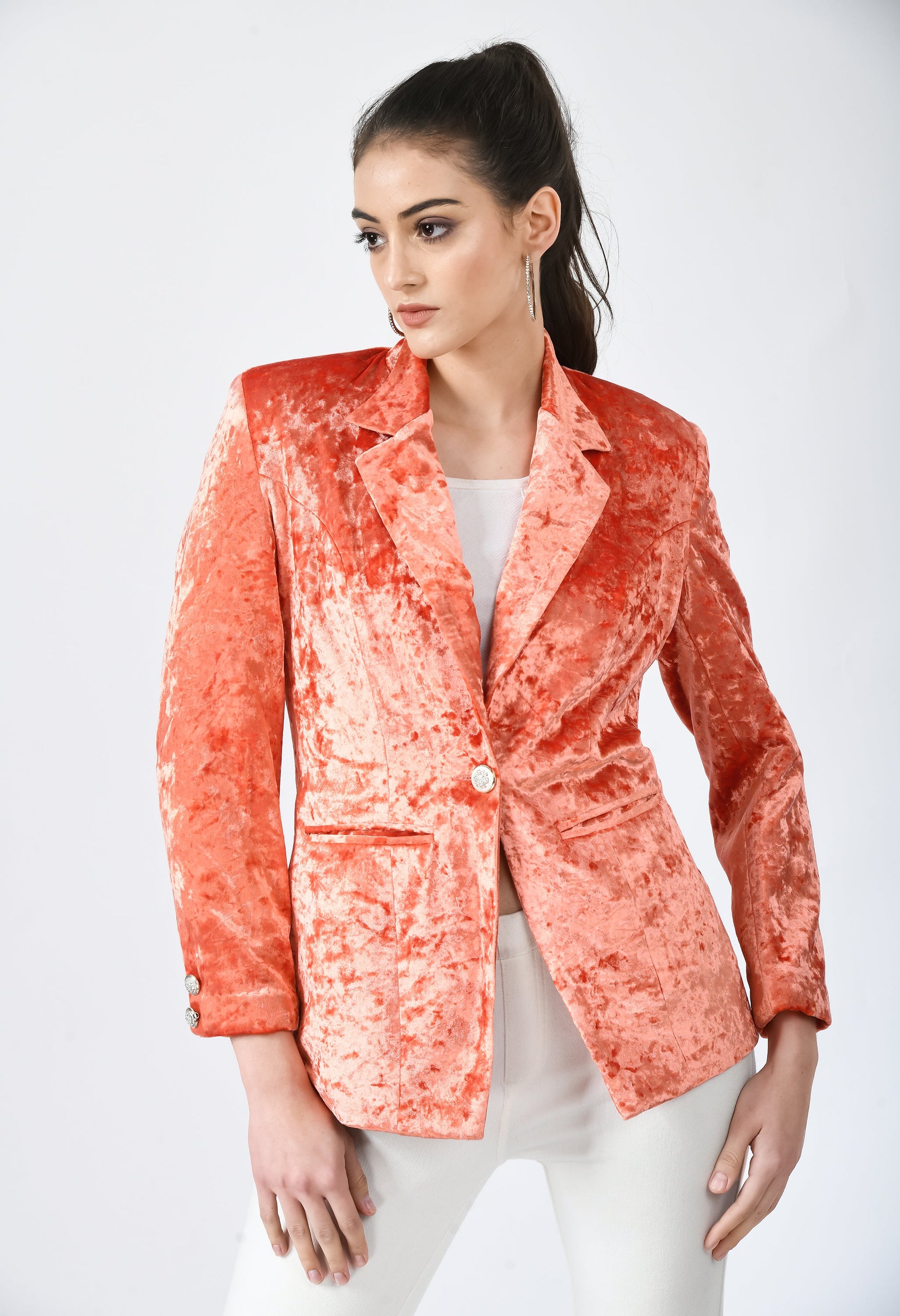 Velvet jacket, women's velvet jacket, Orange velvet jacket, velvet formal jacket, velvet jacket women’s fashion, velvet jacket for wedding, velvet jacket for party, Trending Velvet Jacket, Formal Velvet Jacket, Bollywood Style Jacket, Velvet jacket for casual wear, Near Me