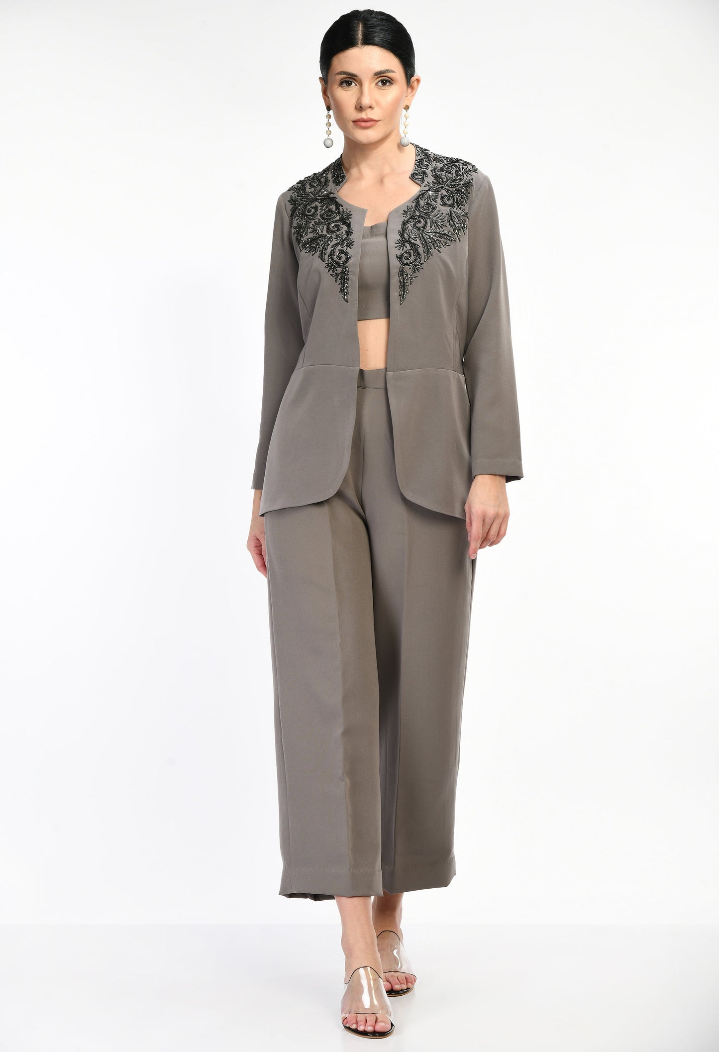 Hayes Grey Fine Crepe Hand Embroidered 3 Piece Blazer Set