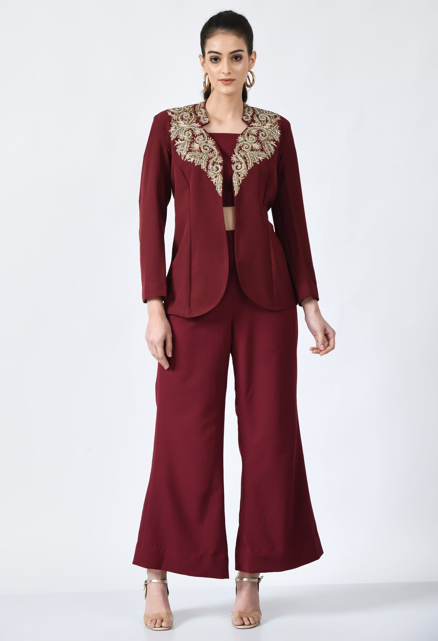 Vino Wine Fine Crepe Hand Embroidered 3 Piece Blazer Set