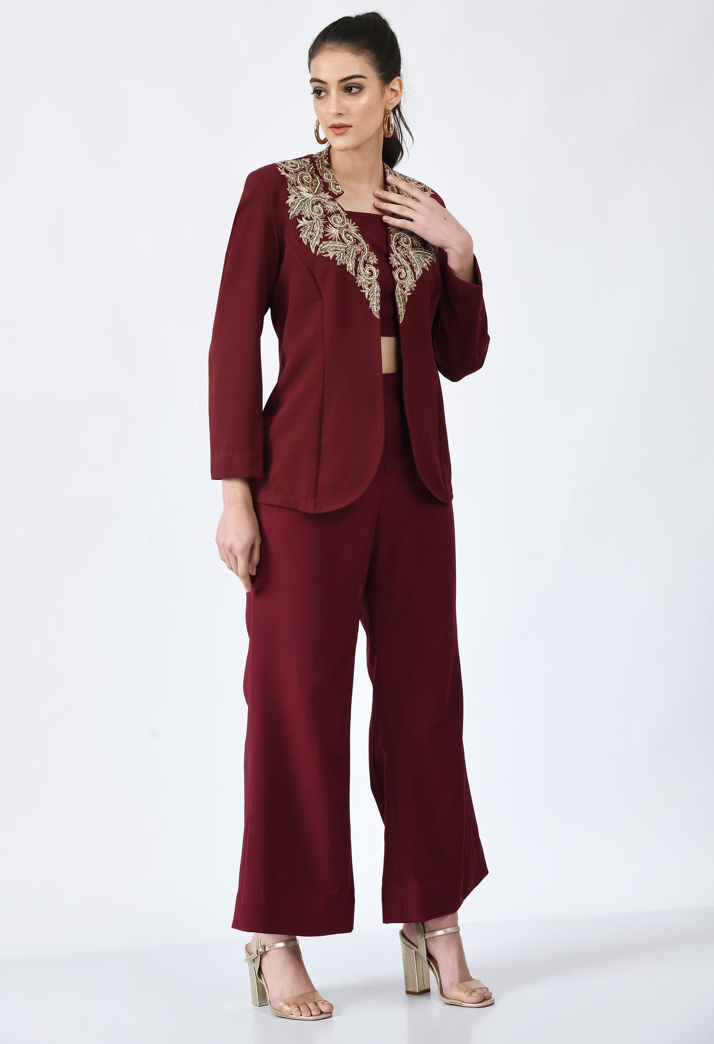 Vino Wine Fine Crepe Hand Embroidered 3 Piece Blazer Set