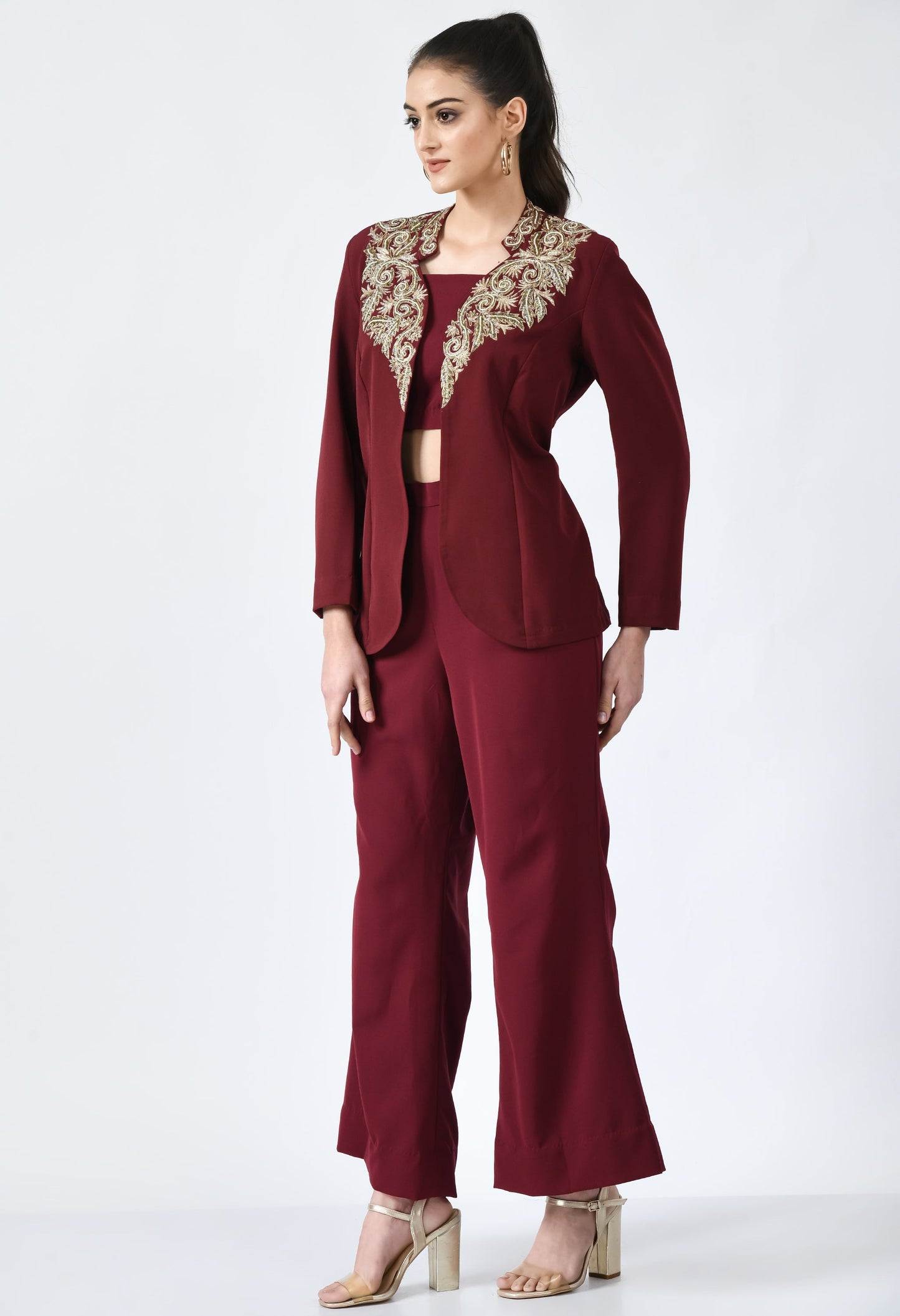 Vino Wine Fine Crepe Hand Embroidered 3 Piece Blazer Set