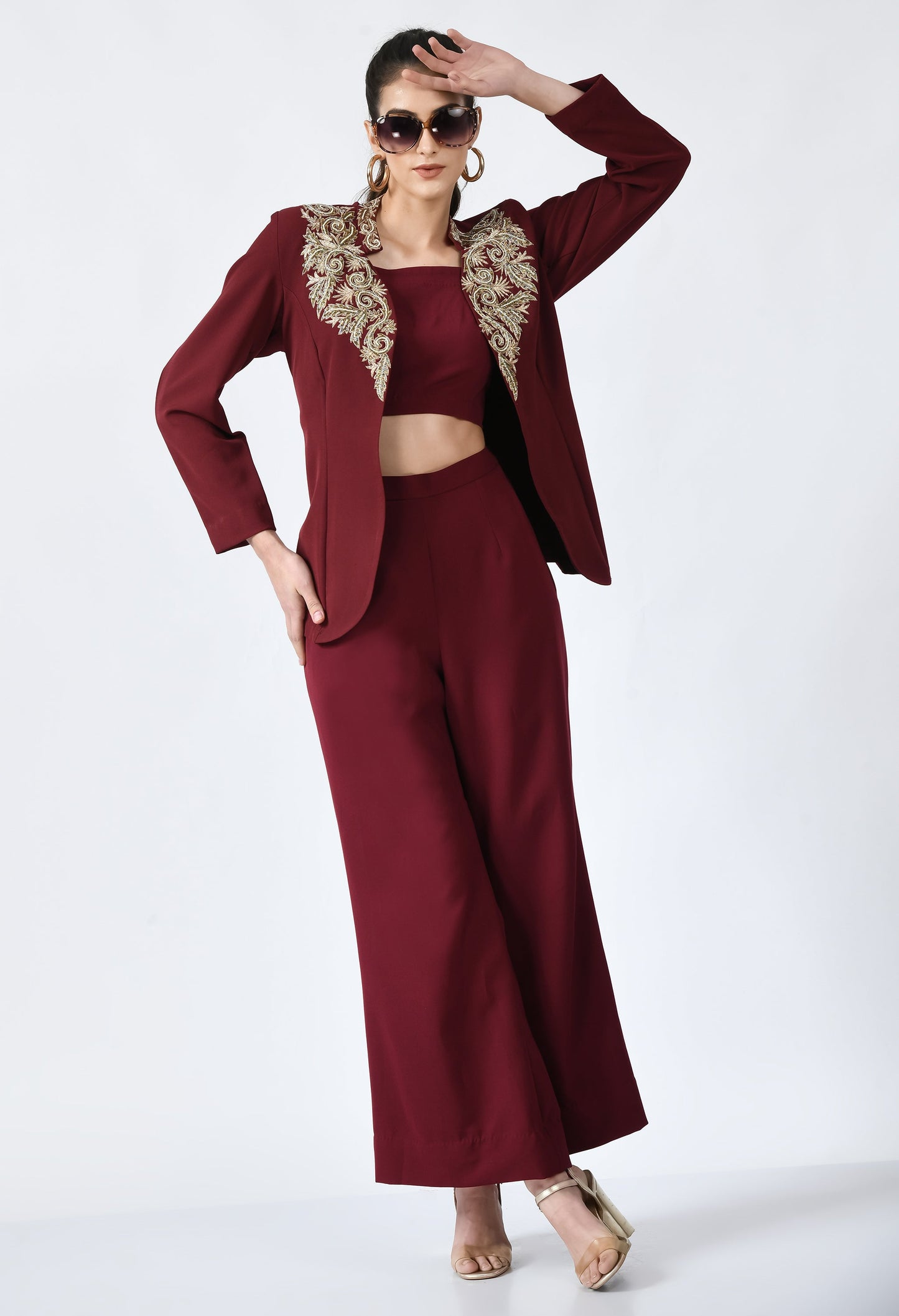 Vino Wine Fine Crepe Hand Embroidered 3 Piece Blazer Set