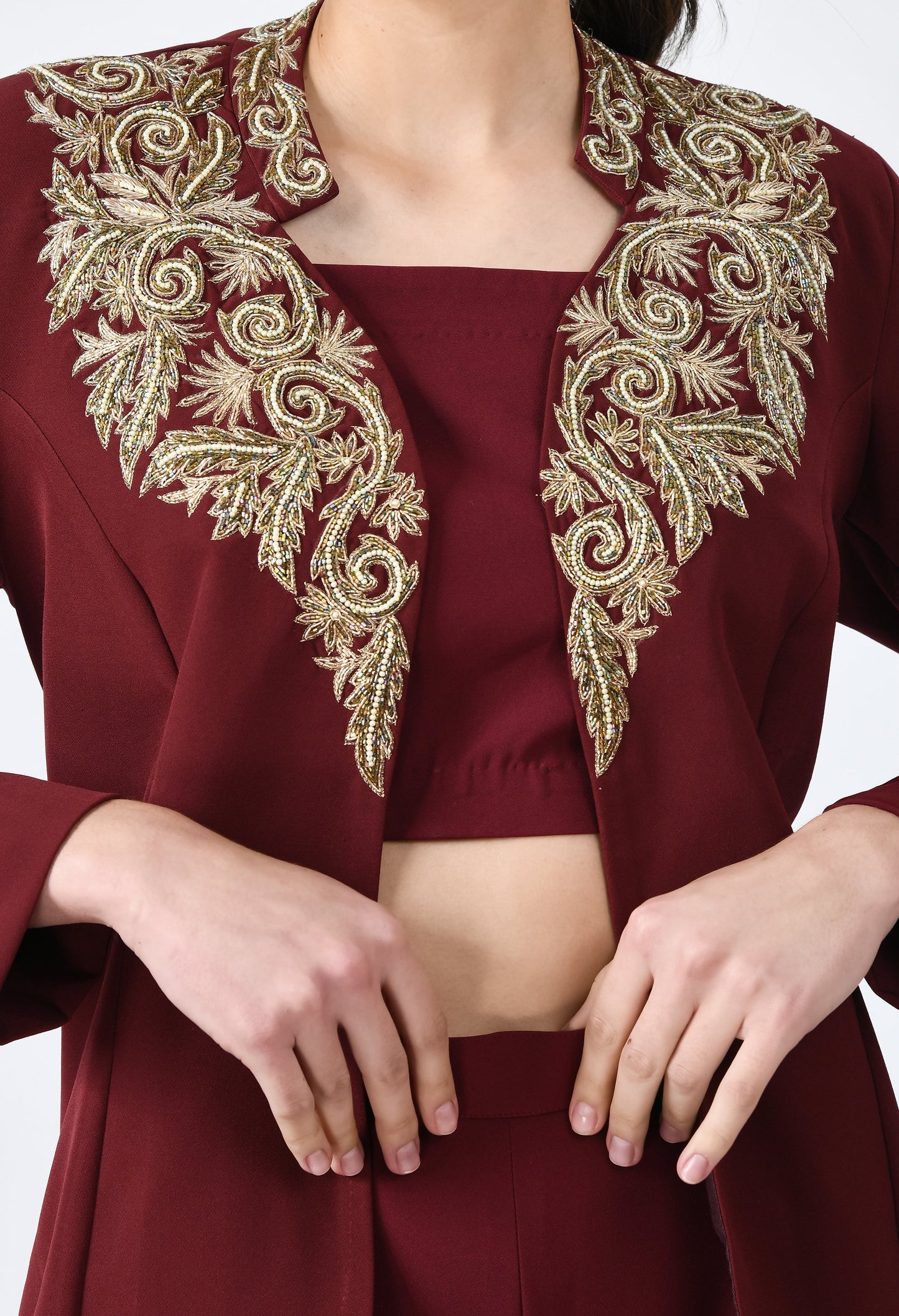 Vino Wine Fine Crepe Hand Embroidered 3 Piece Blazer Set