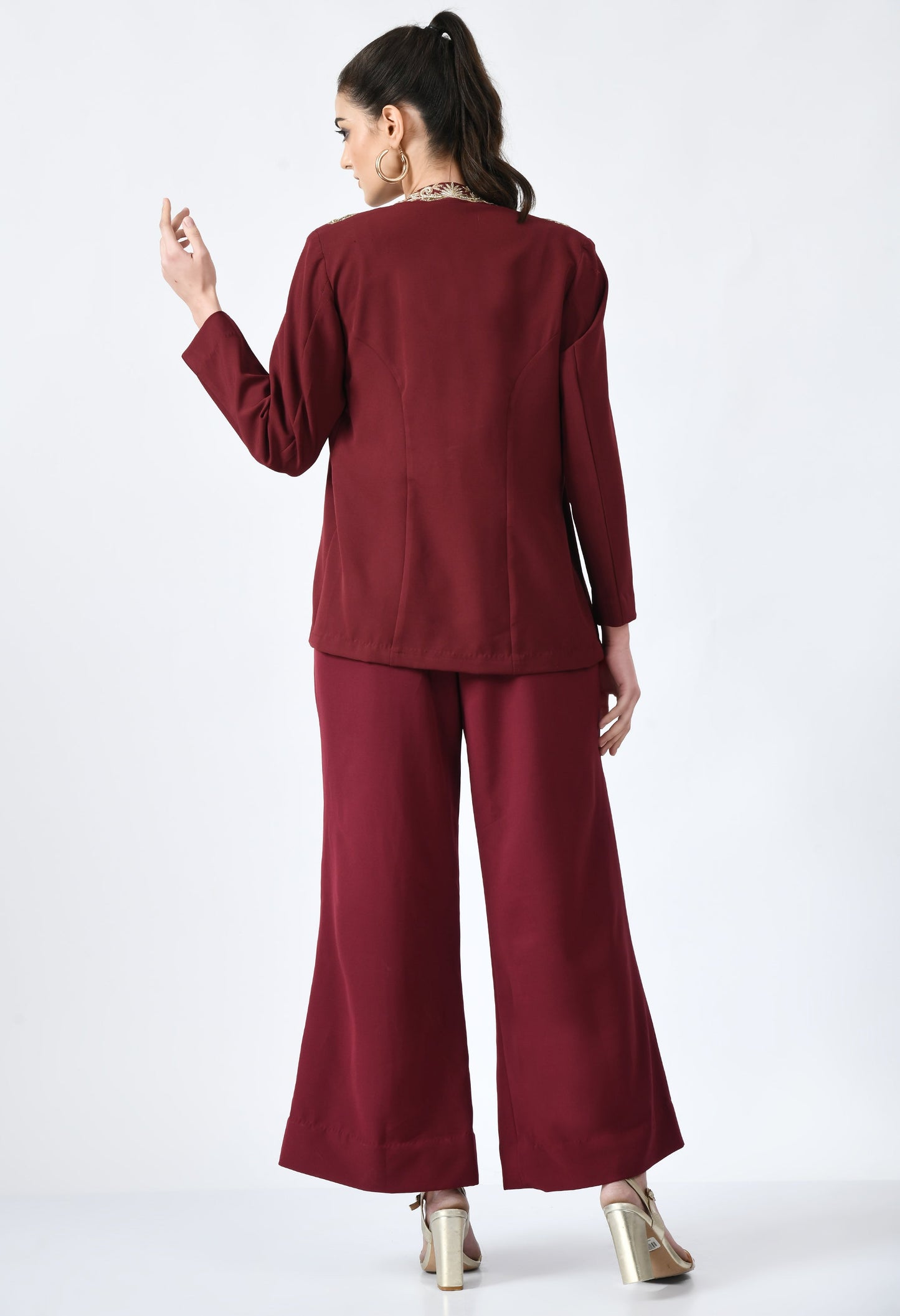 Vino Wine Fine Crepe Hand Embroidered 3 Piece Blazer Set