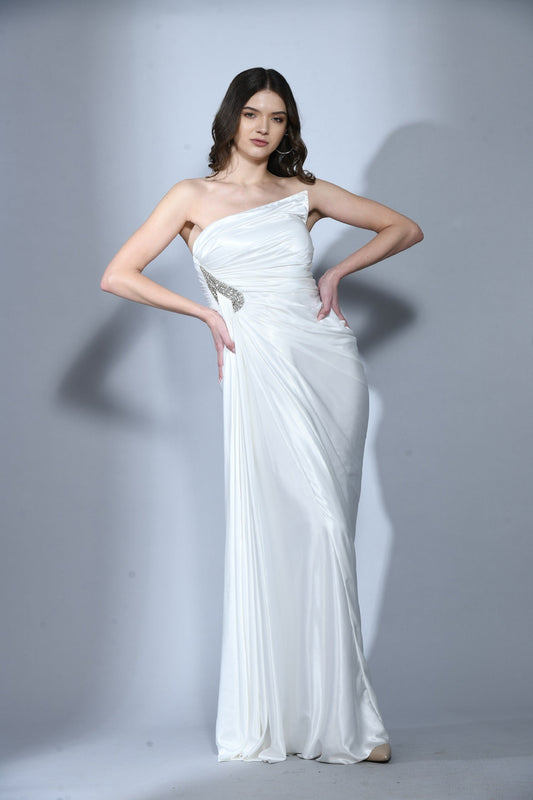 Sanibel Pearl White Premium Satin One Shoulder Cocktail Dress